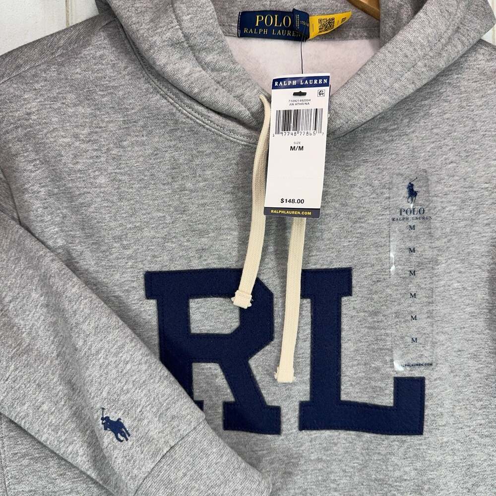 PRL RL Logo Hoodie Mens M Gray Pullover Fleece Sweatshirt Polo Ralph Lauren